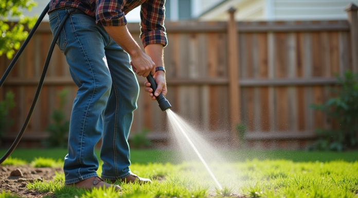 Arroser sa nouvelle pelouse : les bons gestes pour une pousse réussie ! Homme d'âge moyen arrosant la pelouse en jardin