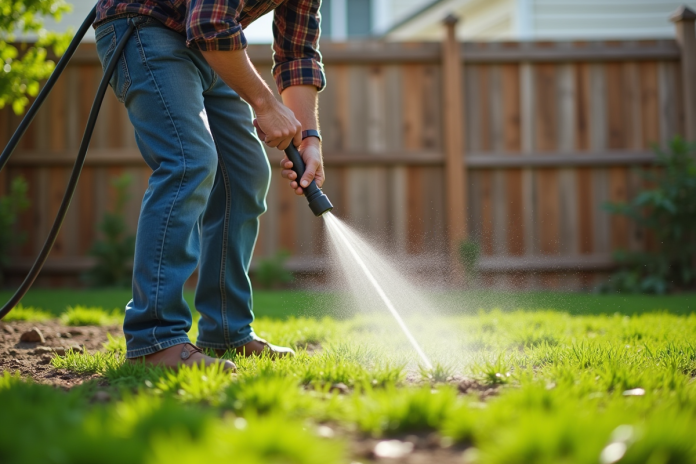 homme-arrosant-jardin-vert Homme d'âge moyen arrosant la pelouse en jardin