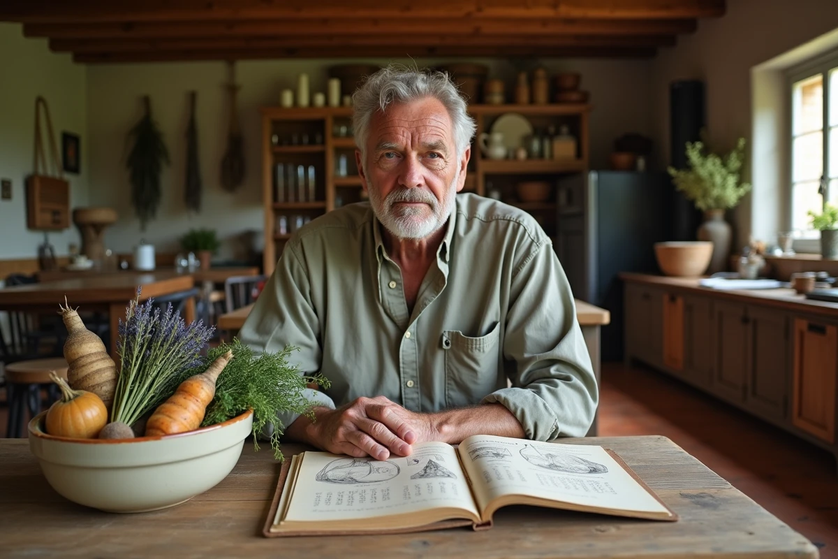 Homme consultant un calendrier lunaire illustré pour planifier les récoltes du jardin bio en automne