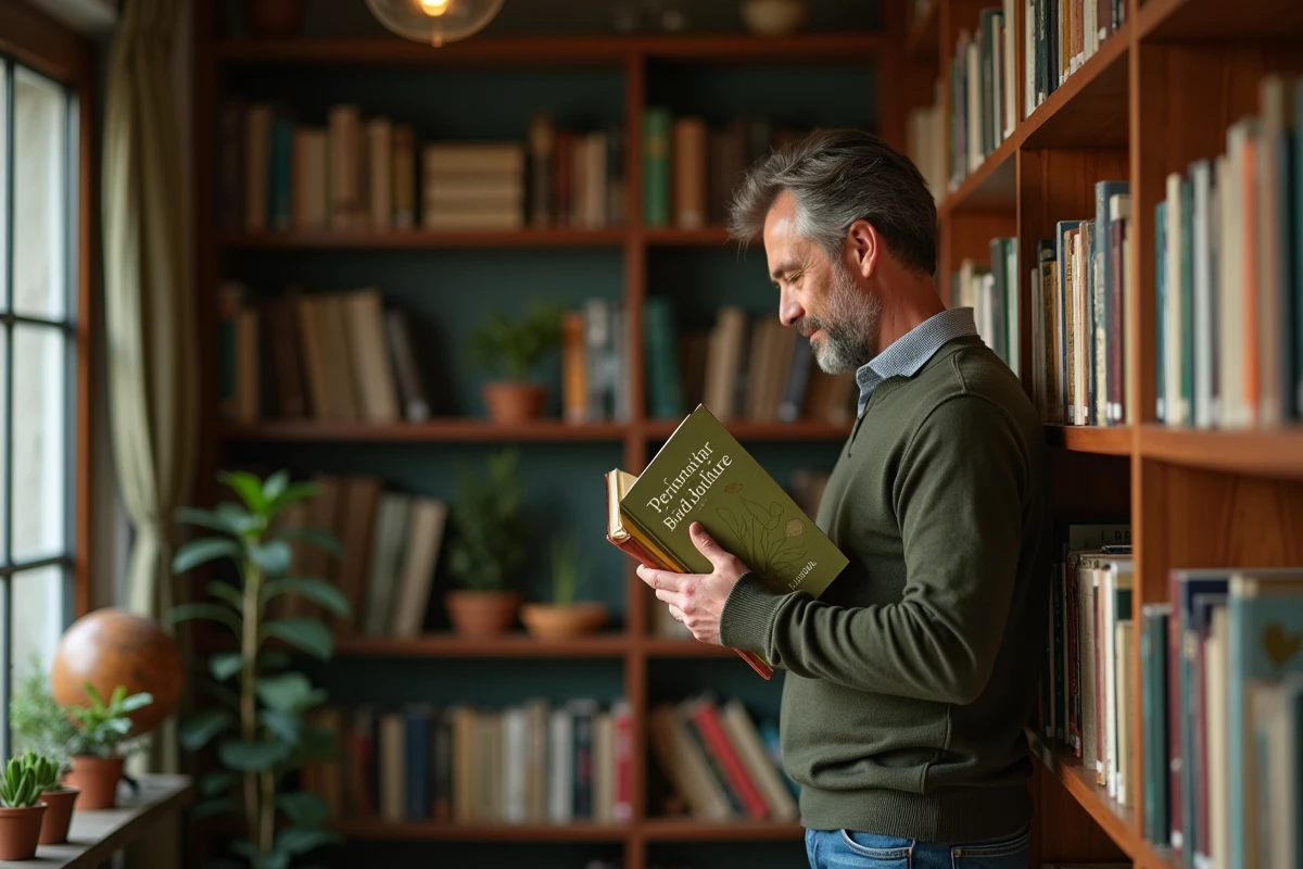 Homme choisissant un livre sur la permaculture dans une bibliothèque personnelle entourée de plantes et d'ouvrages botaniques