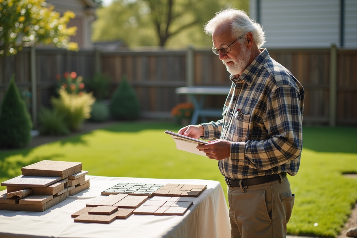 Homme âgé comparant des échantillons de matériaux extérieurs