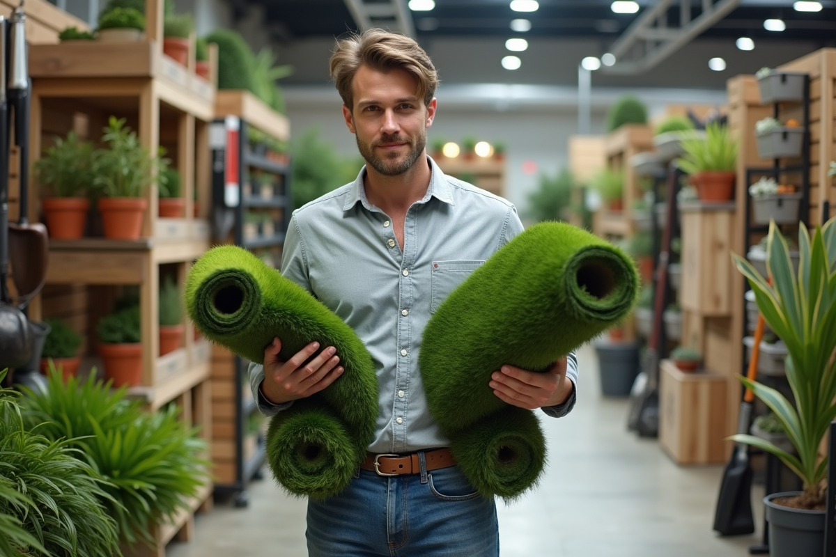 Jeune homme comparant des échantillons de gazon artificiel