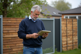 Homme d'âge moyen examine des matériaux de clôture en extérieur