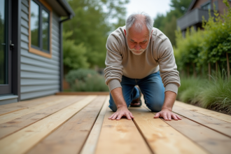 Homme inspectant une terrasse en bois en extérieur