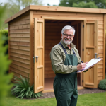 Homme dans le jardin avec abri en bois et documents