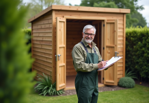 Homme dans le jardin avec abri en bois et documents