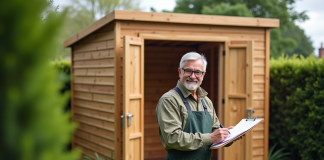 Déclarer un abri de jardin : démarches administratives et obligations légales Homme dans le jardin avec abri en bois et documents