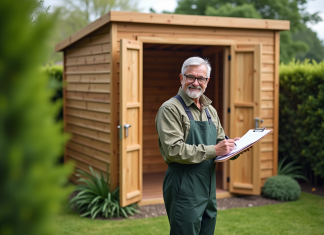 Déclarer un abri de jardin : démarches administratives et obligations légales Homme dans le jardin avec abri en bois et documents