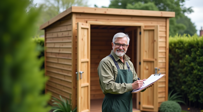 Homme dans le jardin avec abri en bois et documents