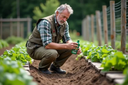Homme en jardin lisant une bouteille d'herbicide