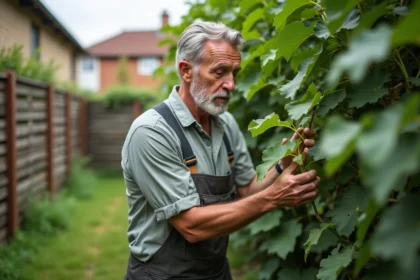 Homme d'âge moyen inspectant un figuier dans son jardin