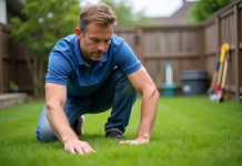 Gazon : Comment déterminer si arroser ? Conseils et astuces pratiques Homme d'âge moyen examine la pelouse dans son jardin