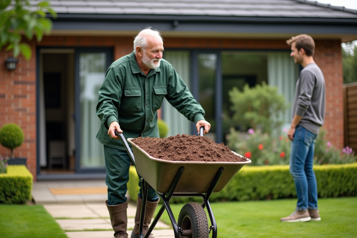 Homme jardinier poussant un chariot de terre dans la cour