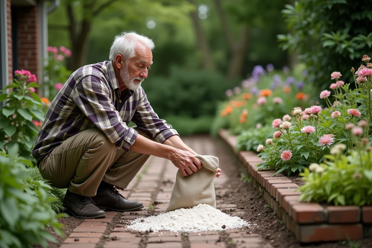 Homme âgé répand du calcaire dans un jardin fleuri
