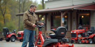 Prix location motoculteur : quel tarif pour louer Homme d'âge moyen vérifiant un rototiller rouge à l'extérieur