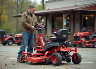 Prix location motoculteur : quel tarif pour louer Homme d'âge moyen vérifiant un rototiller rouge à l'extérieur