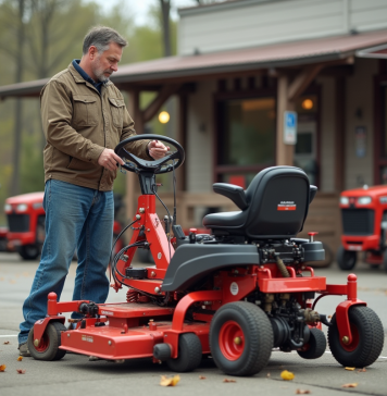 Prix location motoculteur : quel tarif pour louer Homme d'âge moyen vérifiant un rototiller rouge à l'extérieur