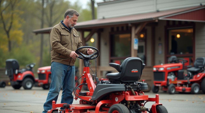 Prix location motoculteur : quel tarif pour louer Homme d'âge moyen vérifiant un rototiller rouge à l'extérieur