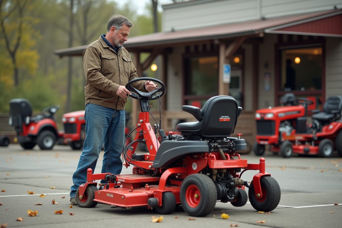 Homme d'âge moyen vérifiant un rototiller rouge à l'extérieur