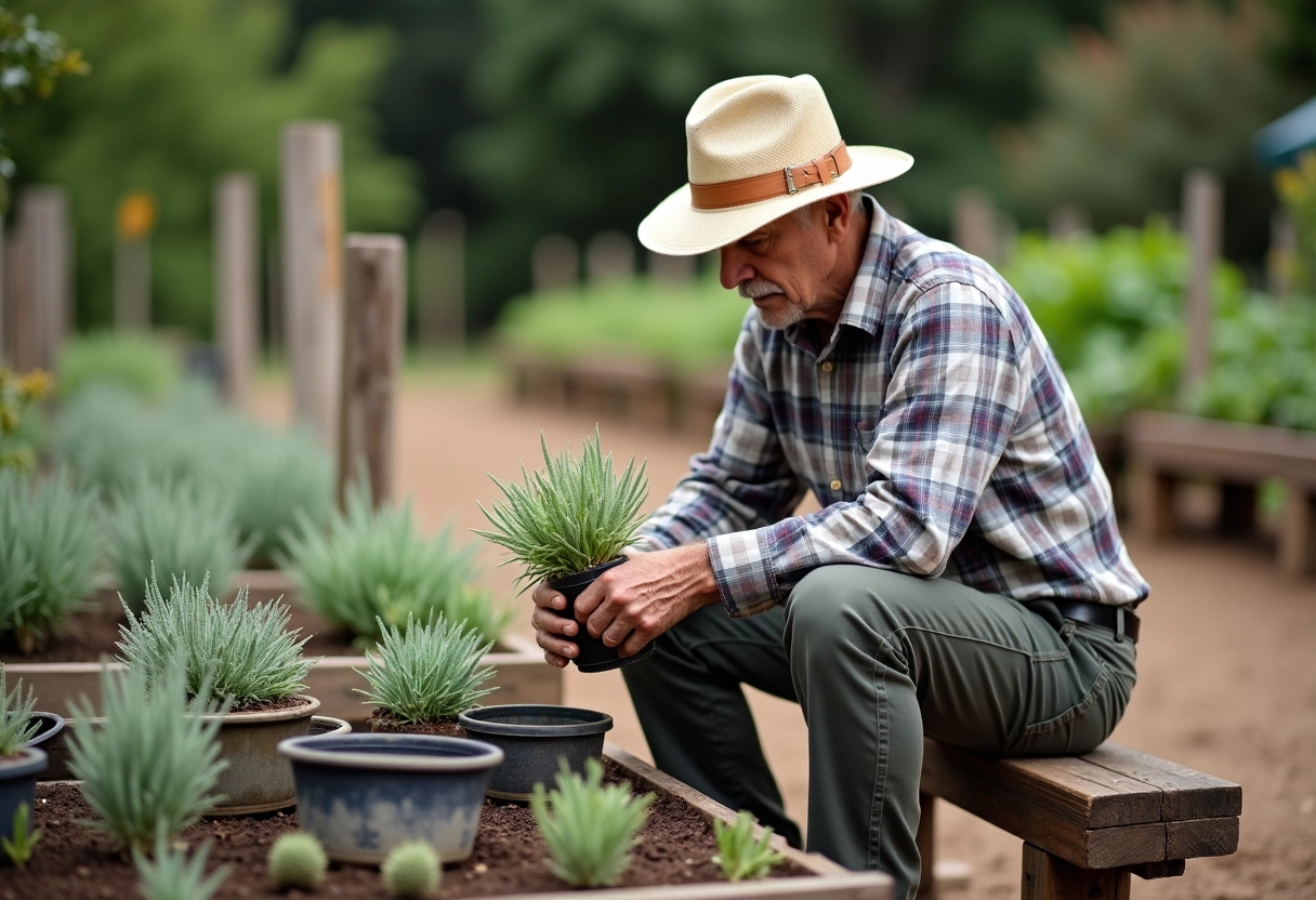 Homme âgé plantant de la sauge dans un jardin communautaire