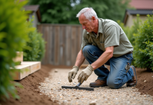 Dalle en béton : Comment réaliser une alternative écologique sans béton ? Homme en vêtements casual pose sur une terrasse de jardin