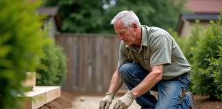 Homme en vêtements casual pose sur une terrasse de jardin