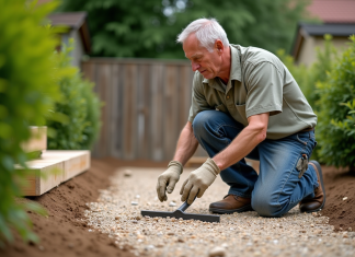 Dalle en béton : Comment réaliser une alternative écologique sans béton ? Homme en vêtements casual pose sur une terrasse de jardin