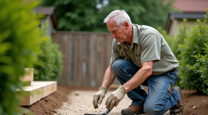 Dalle en béton : Comment réaliser une alternative écologique sans béton ? Homme en vêtements casual pose sur une terrasse de jardin