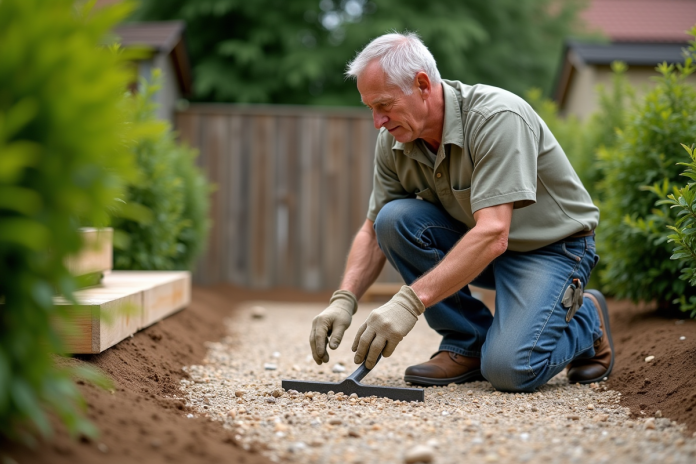 Homme en vêtements casual pose sur une terrasse de jardin