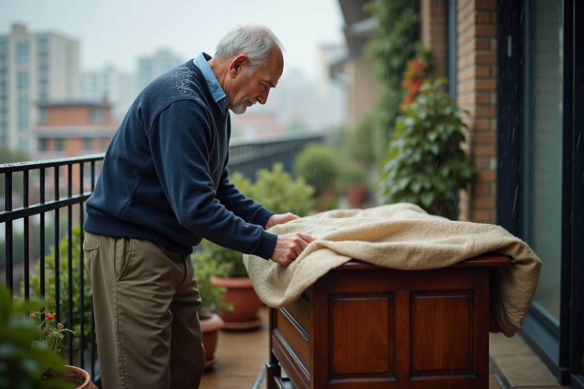 Homme couvrant un coffre en bois avec une bâche sur le balcon