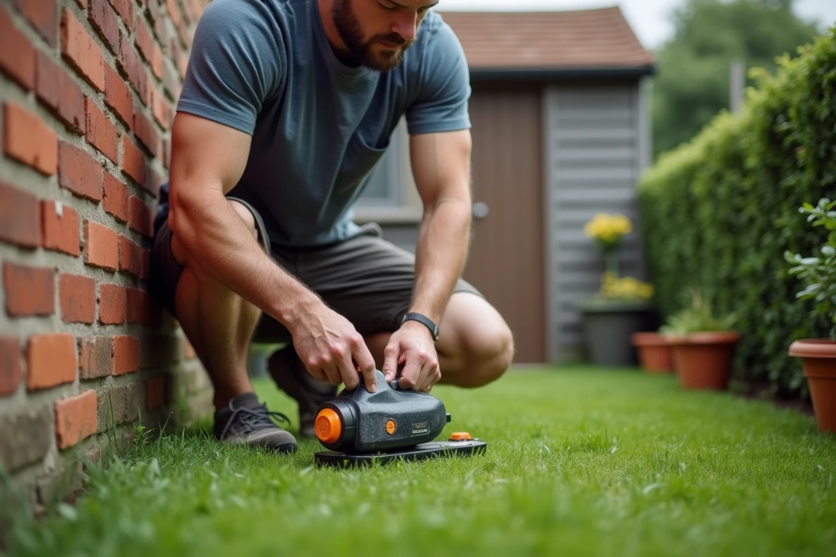 Homme réglant la tête de coupe d'un rotofil électrique compact dans un petit jardin urbain