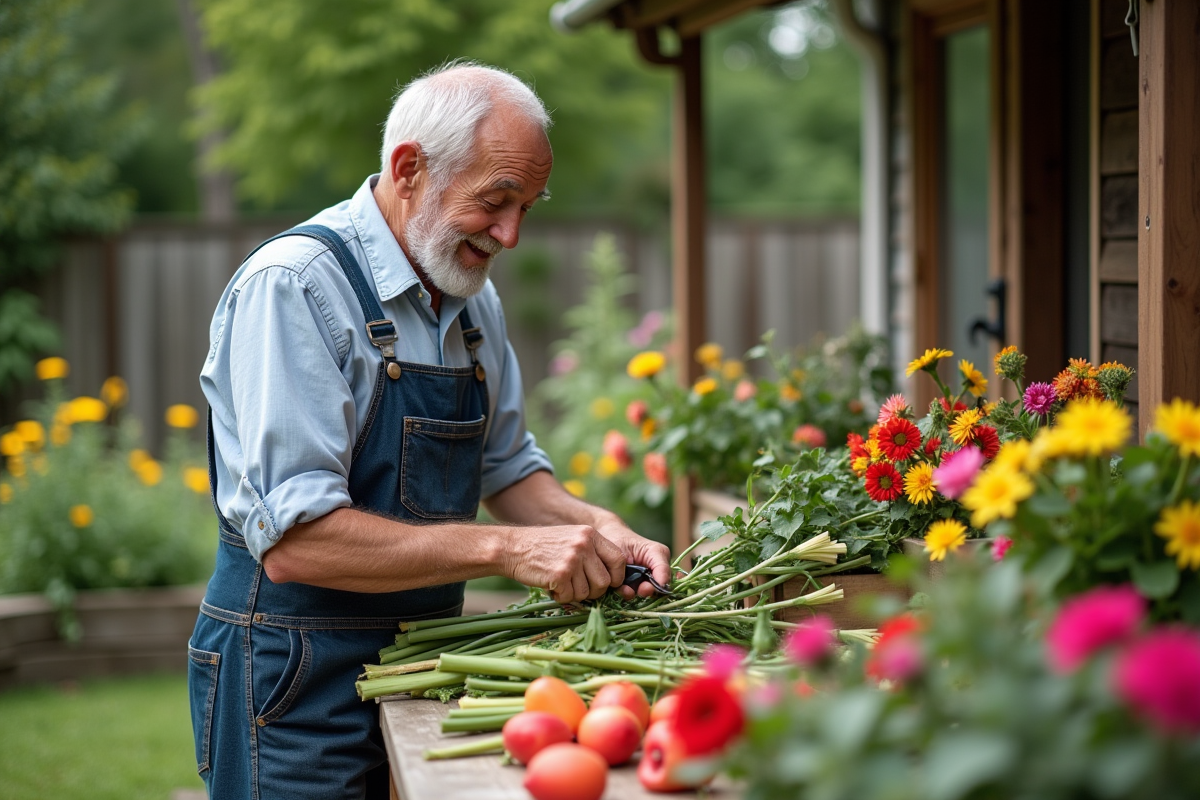 Homme âgé taillant des fleurs dans un jardin en plein air
