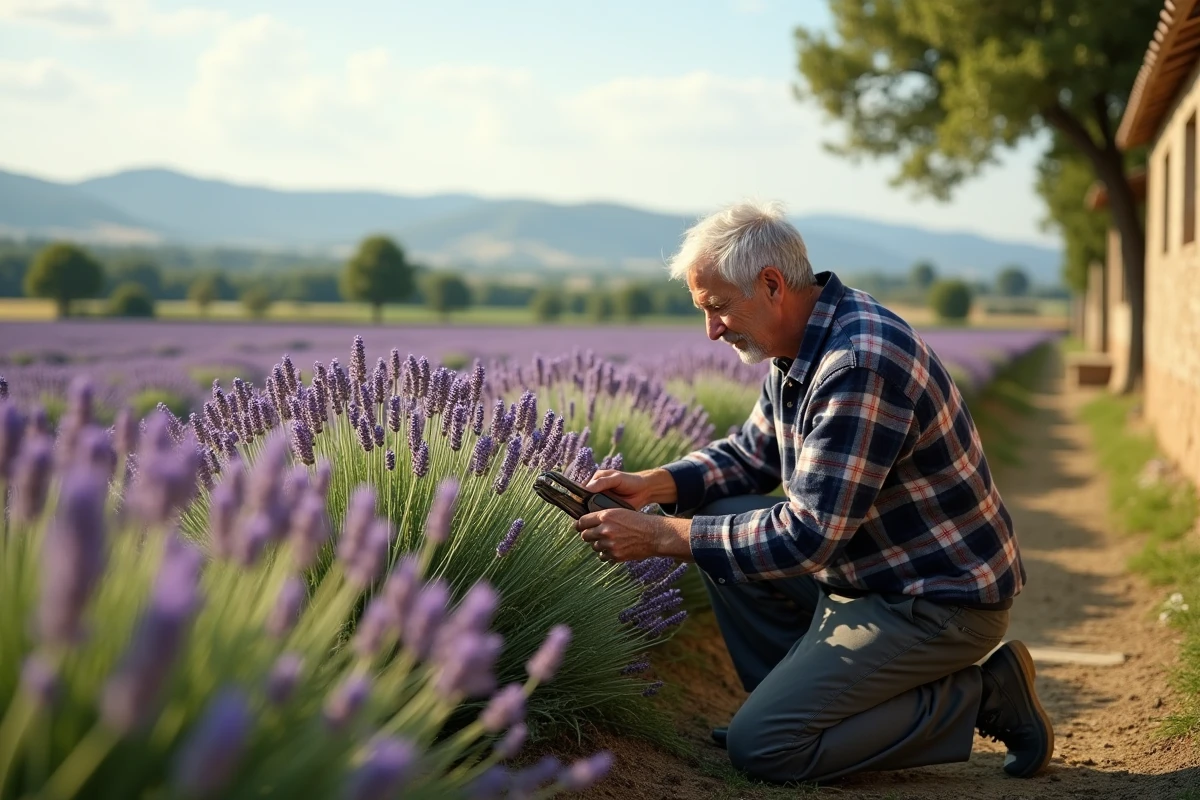 Homme âgé taillant la lavande dans un champ en campagne