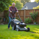 Meilleure marque tondeuse à gazon : comparatif et avis 2025 Homme d'âge moyen avec tondeuse dans le jardin
