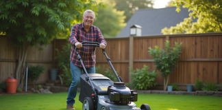 Meilleure marque tondeuse à gazon : comparatif et avis 2025 Homme d'âge moyen avec tondeuse dans le jardin