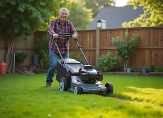 Meilleure marque tondeuse à gazon : comparatif et avis 2025 Homme d'âge moyen avec tondeuse dans le jardin