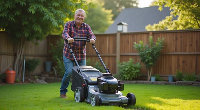 Homme d'âge moyen avec tondeuse dans le jardin
