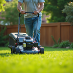 Homme d'âge moyen guidant une tondeuse moderne dans un jardin bien entretenu