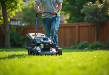 Meilleure tondeuse pour 500m² de terrain : critères de choix et conseils d’achat Homme d'âge moyen guidant une tondeuse moderne dans un jardin bien entretenu