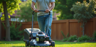 Homme d'âge moyen guidant une tondeuse moderne dans un jardin bien entretenu