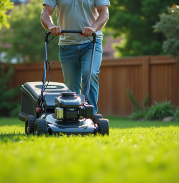 Meilleure tondeuse pour 500m² de terrain : critères de choix et conseils d’achat Homme d'âge moyen guidant une tondeuse moderne dans un jardin bien entretenu