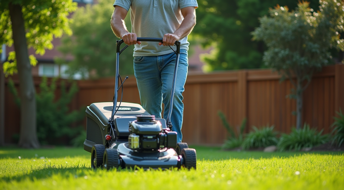 Homme d'âge moyen guidant une tondeuse moderne dans un jardin bien entretenu