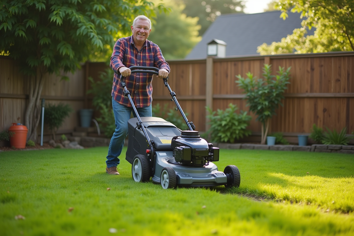 Homme d'âge moyen avec tondeuse dans le jardin
