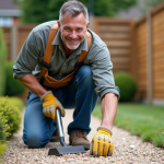Gravier de pois : astuces pour le rendre ferme et durable Homme en tenue de travail dans un jardin pressant du gravier