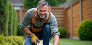 Gravier de pois : astuces pour le rendre ferme et durable Homme en tenue de travail dans un jardin pressant du gravier