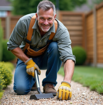 Gravier de pois : astuces pour le rendre ferme et durable Homme en tenue de travail dans un jardin pressant du gravier