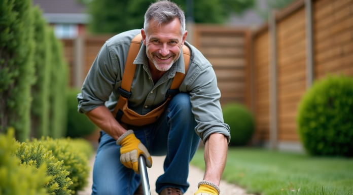 Gravier de pois : astuces pour le rendre ferme et durable Homme en tenue de travail dans un jardin pressant du gravier