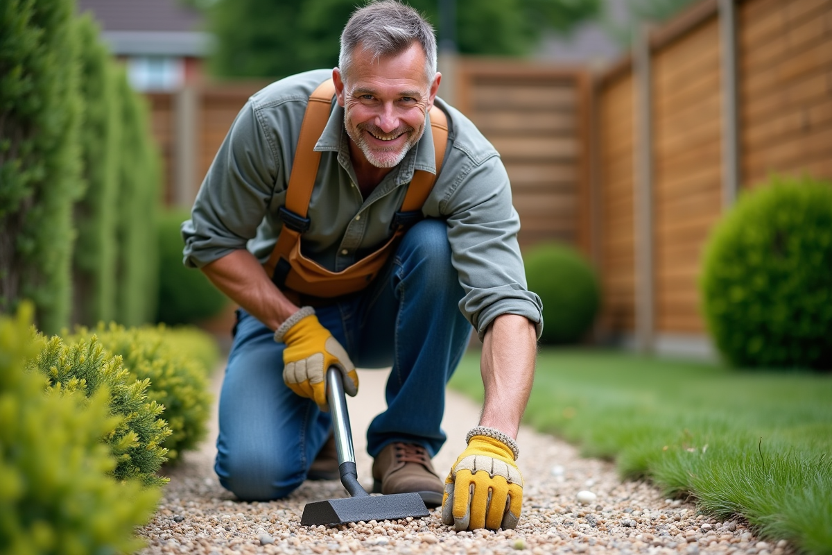 Homme en tenue de travail dans un jardin pressant du gravier