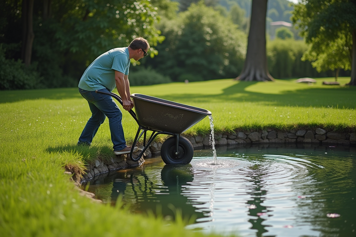 Homme inclinant une brouette pour vider un bassin d
