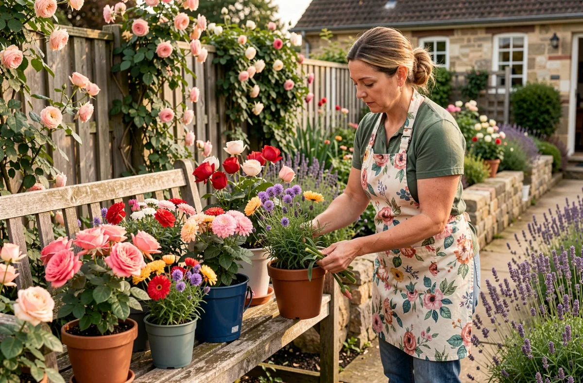 Horticultrice d'Horizons Fleuris arrangeant un massif floral coloré dans un jardin de banlieue française